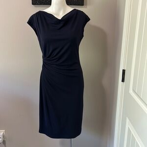 LAFAYETTE 148 Cowl Neck Knee Length Sheath Dress Navy Blue US 6